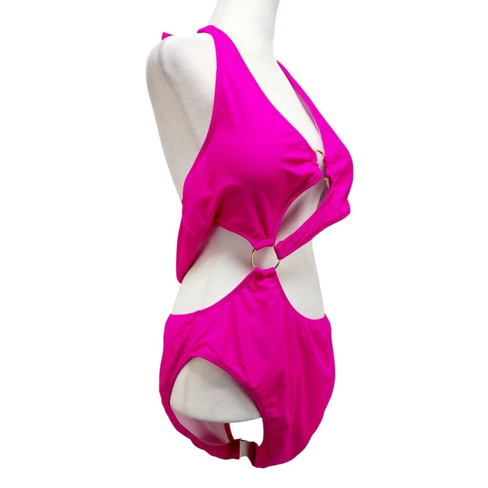 Hot Pink Cutout One-Piece Swimsuit Gold Ring  Halter Neck Tie Size XXL New - Picture 6 of 13